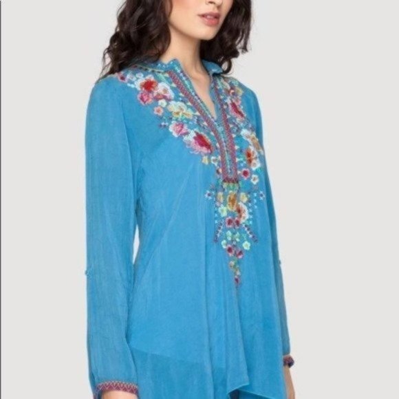 Johnny Was Tops - Johnny Was Sable Floral Embroidered Roll Tab Tunic